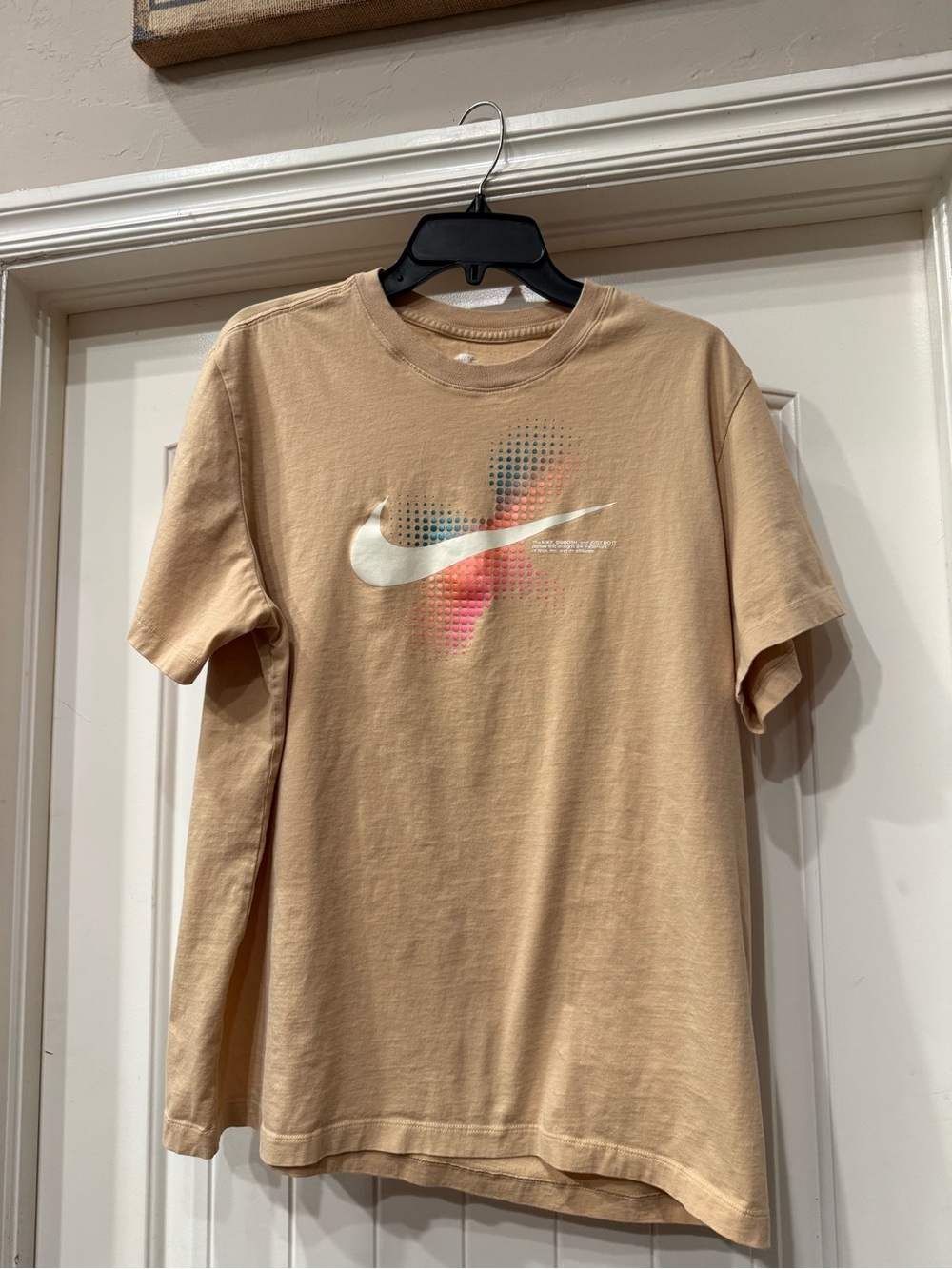 Nike Tan Short-Sleeve Tee with White Swoosh and Multicolor Dot Accent